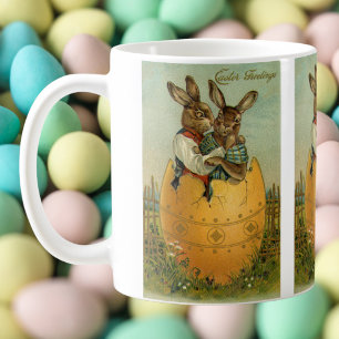 Vintage Victorian Easter Bunnies in a Gold Egg Coffee Mug
