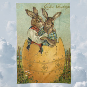 Vintage Victorian Easter Bunnies in a Gold Egg Kitchen Towel