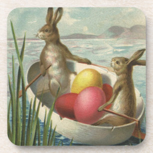 Vintage Victorian Easter Bunnies in an Egg Boat Coaster