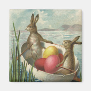Vintage Victorian Easter Bunnies in an Egg Boat Magnet
