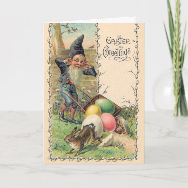 Vintage Victorian Easter Greetings with Gnome Card (Front)