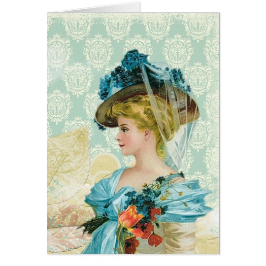 Vintage Victorian Elegant Lady Blue Lace & Flowers Card