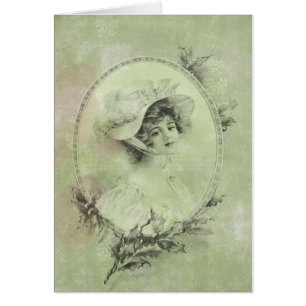 Vintage Victorian Elegant Lady In Green Pearl Lace