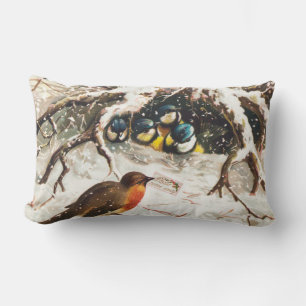 Vintage Victorian era Christmas Card, Birds Lumbar Pillow