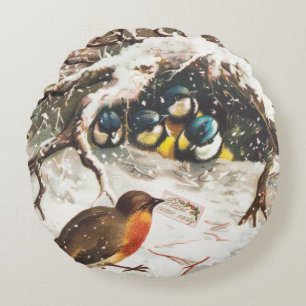 Vintage Victorian era Christmas Card, Birds Round Pillow