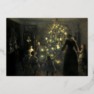 Vintage Victorian Era Happy Christmas Tree Foil Holiday Card