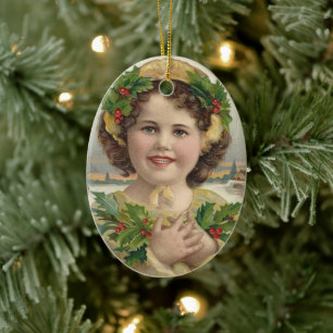 Vintage Victorian Era Holly Girl Christmas Ceramic Ornament