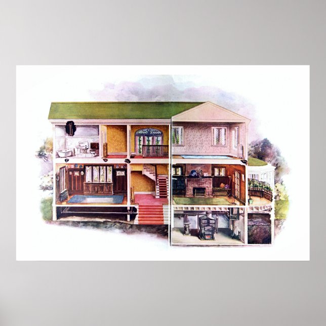 Vintage Victorian Era House Cutaway View Poster (Front)