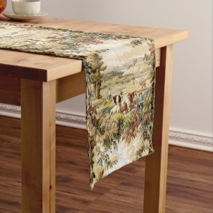 Vintage Victorian Era Pastoral Farm Scene Pattern Short Table Runner