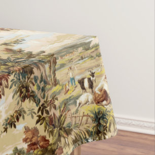 Vintage Victorian Era Pastoral Farm Scene Pattern Tablecloth