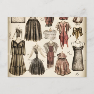 Vintage Victorian Fashion Design Pencil Sketch Postcard