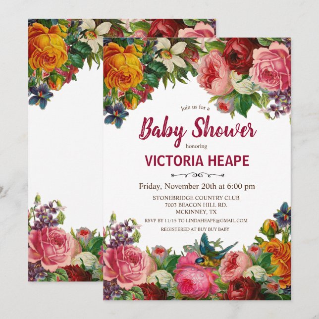Vintage Victorian Floral Baby Shower Invitation (Front/Back)