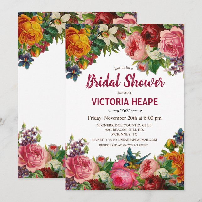 Vintage Victorian Floral Bridal Shower Invitation (Front/Back)