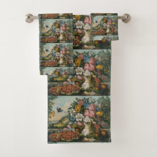 Vintage Victorian Floral & Fruit Still Life Art Bath Towel Set
