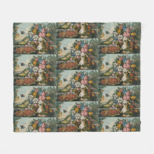Vintage Victorian Floral & Fruit Still Life Art Fleece Blanket