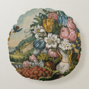 Vintage Victorian Floral & Fruit Still Life Art Round Pillow