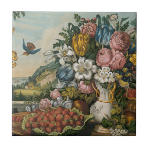 Vintage Victorian Floral & Fruit Still Life Art Tile
