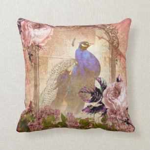 Vintage Victorian Floral Peacock Throw Pillow