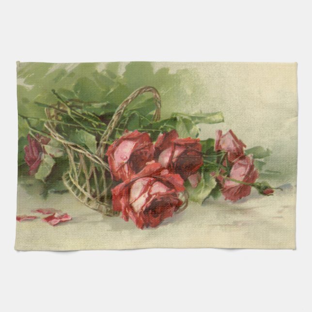 Vintage Victorian Flowers, Red Roses Kitchen Towel (Horizontal)