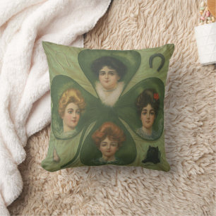 Vintage Victorian Four Leaf Clover Lucky Art Throw Pillow