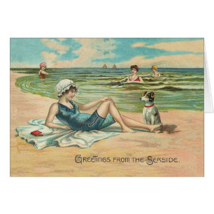 Vintage Victorian Girl and Dog Seaside antique art