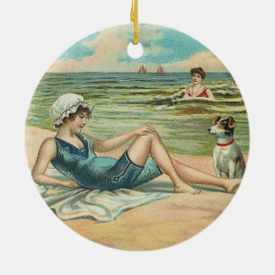 Vintage Victorian Girl and Dog Seaside antique art Ceramic Ornament