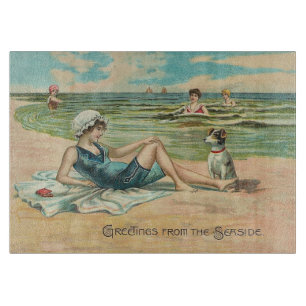 Vintage Victorian Girl and Dog Seaside antique art Cutting Board