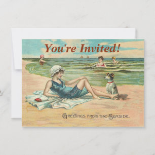 Vintage Victorian Girl and Dog Seaside antique art Invitation