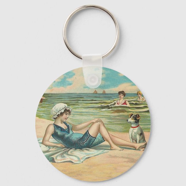Vintage Victorian Girl and Dog Seaside antique art Keychain (Front)