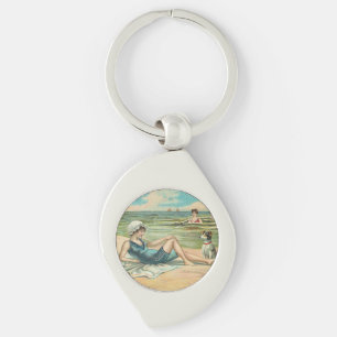 Vintage Victorian Girl and Dog Seaside antique art Keychain