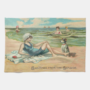 Vintage Victorian Girl and Dog Seaside antique art Kitchen Towel