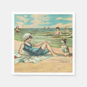 Vintage Victorian Girl and Dog Seaside antique art Napkin