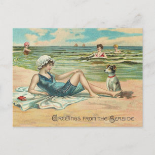 Vintage Victorian Girl and Dog Seaside antique art Postcard