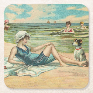 Vintage Victorian Girl and Dog Seaside antique art Square Paper Coaster
