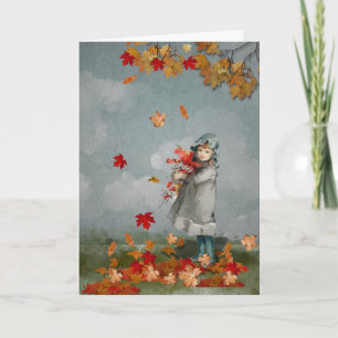 Vintage Victorian Girl Holding Fall Leaves Card