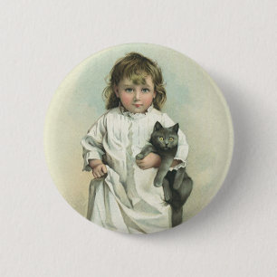 Vintage Victorian Girl in a Nightgown with Her Cat 2 Inch Round Button