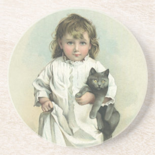 Vintage Victorian Girl in a Nightgown with Her Cat Coaster