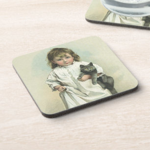 Vintage Victorian Girl in a Nightgown with Her Cat Coaster