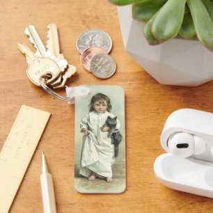 Vintage Victorian Girl in a Nightgown with Her Cat Keychain