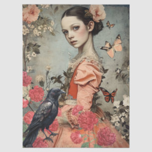 Vintage Victorian Girl Raven & Red Cabbage Roses Tissue Paper