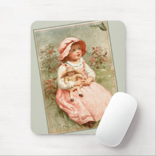 Vintage Victorian Girl with Doll Butterflies Sage Mouse Pad
