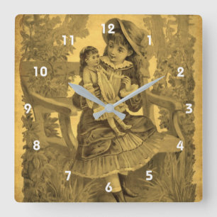 Vintage Victorian Girl With Doll On Bench Square Wall Clock