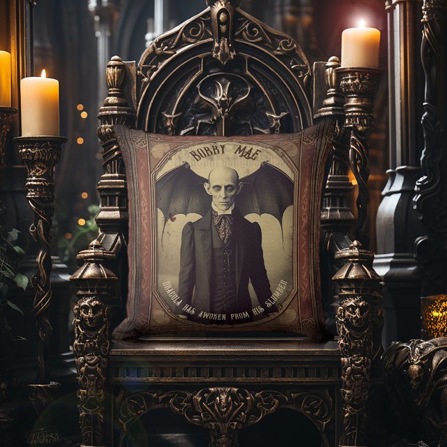 Vintage Victorian Gothic Dracula Vampire Throw Pillow (Vintage Victorian Nosferatu Dracula Portrait Cushion - Victorian Gothic Home Decor.)