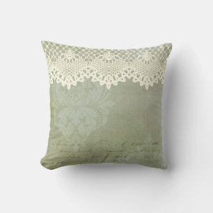 Vintage Victorian Green Faded Damask Faux Lace Throw Pillow