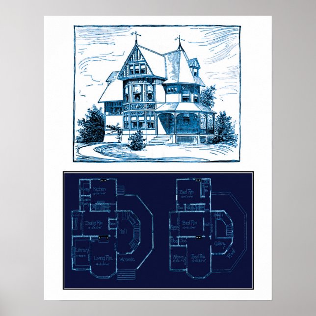Vintage Victorian House Blueprint Poster (Front)