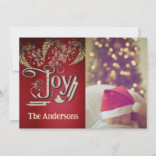 Vintage victorian joy botanical holly photo holiday card