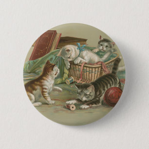 Vintage Victorian Kittens Playing in Sewing Basket 2 Inch Round Button