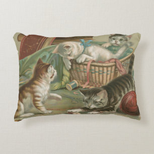 Vintage Victorian Kittens Playing in Sewing Basket Accent Pillow