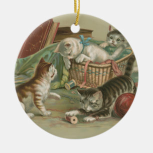Vintage Victorian Kittens Playing in Sewing Basket Ceramic Ornament