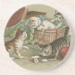Vintage Victorian Kittens Playing in Sewing Basket Coaster